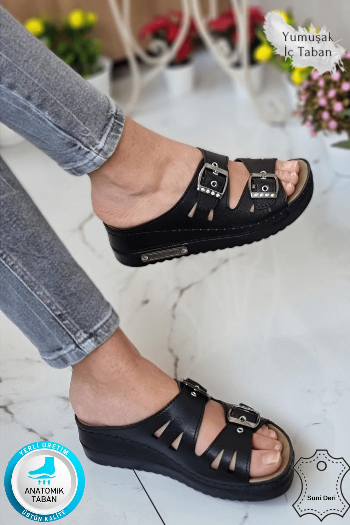 Darma Kadın Günlük Terlik Çift Bant Taşlı Tokalı Ortopedik Taban Anne Dışarı &amp; Ev İçi Terliği