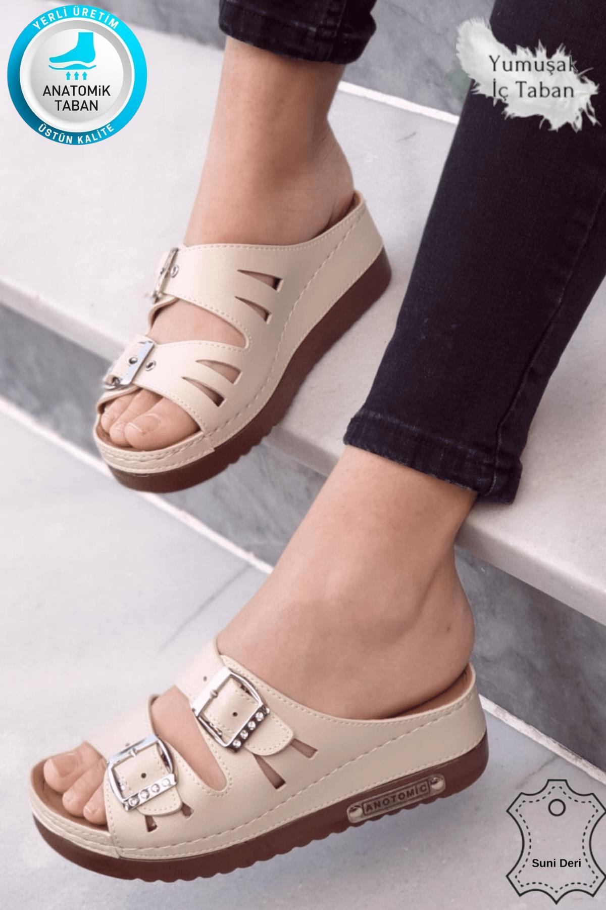 Darma Kadın Günlük Terlik Çift Bant Taşlı Tokalı Ortopedik Taban Anne Dışarı &amp; Ev İçi Terliği