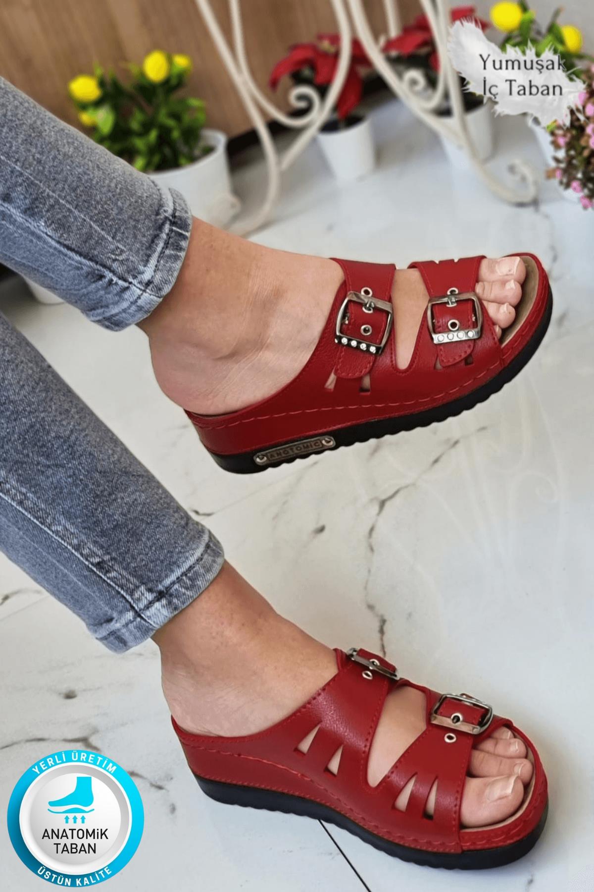 Darma Kadın Günlük Terlik Çift Bant Taşlı Tokalı Ortopedik Taban Anne Dışarı &amp; Ev İçi Terliği