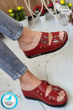 Darma Kadın Günlük Terlik Çift Bant Taşlı Tokalı Ortopedik Taban Anne Dışarı &amp; Ev İçi Terliği