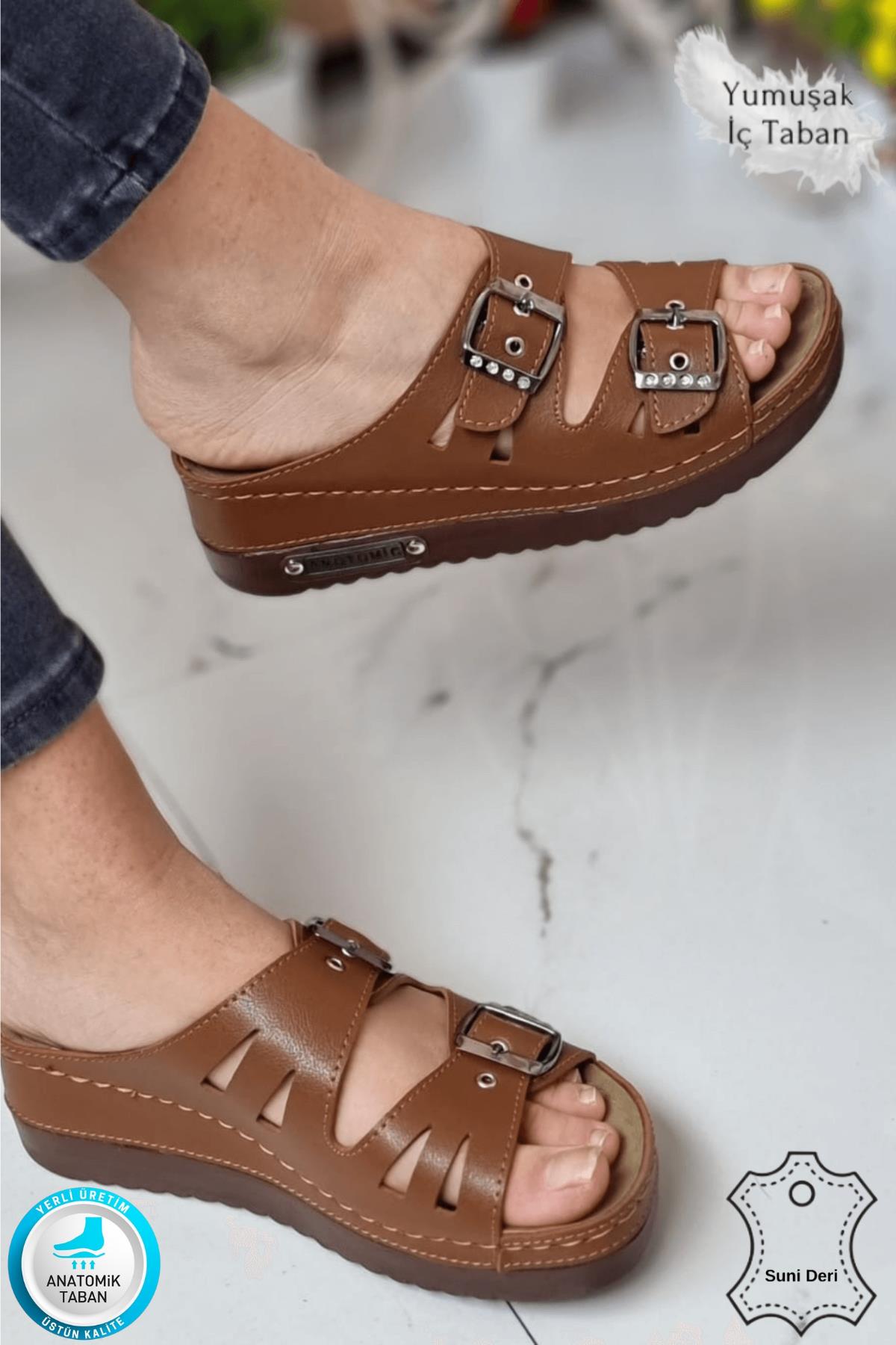 Darma Kadın Günlük Terlik Çift Bant Taşlı Tokalı Ortopedik Taban Anne Dışarı &amp; Ev İçi Terliği