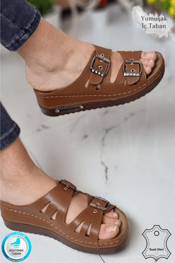Darma Kadın Günlük Terlik Çift Bant Taşlı Tokalı Ortopedik Taban Anne Dışarı &amp; Ev İçi Terliği