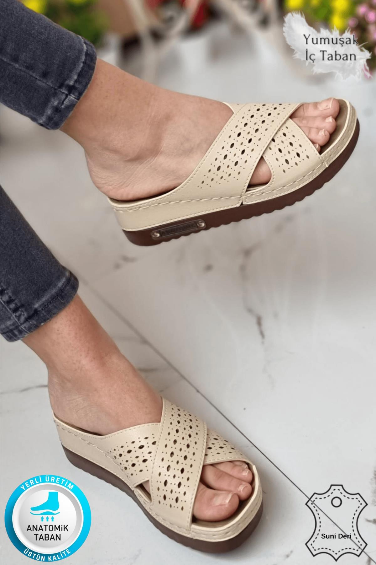 Erika Kadın Günlük Hasır Desenli Terletmeyen Anatomik Ortopedik Taban Anne Dışarı Ev Terliği