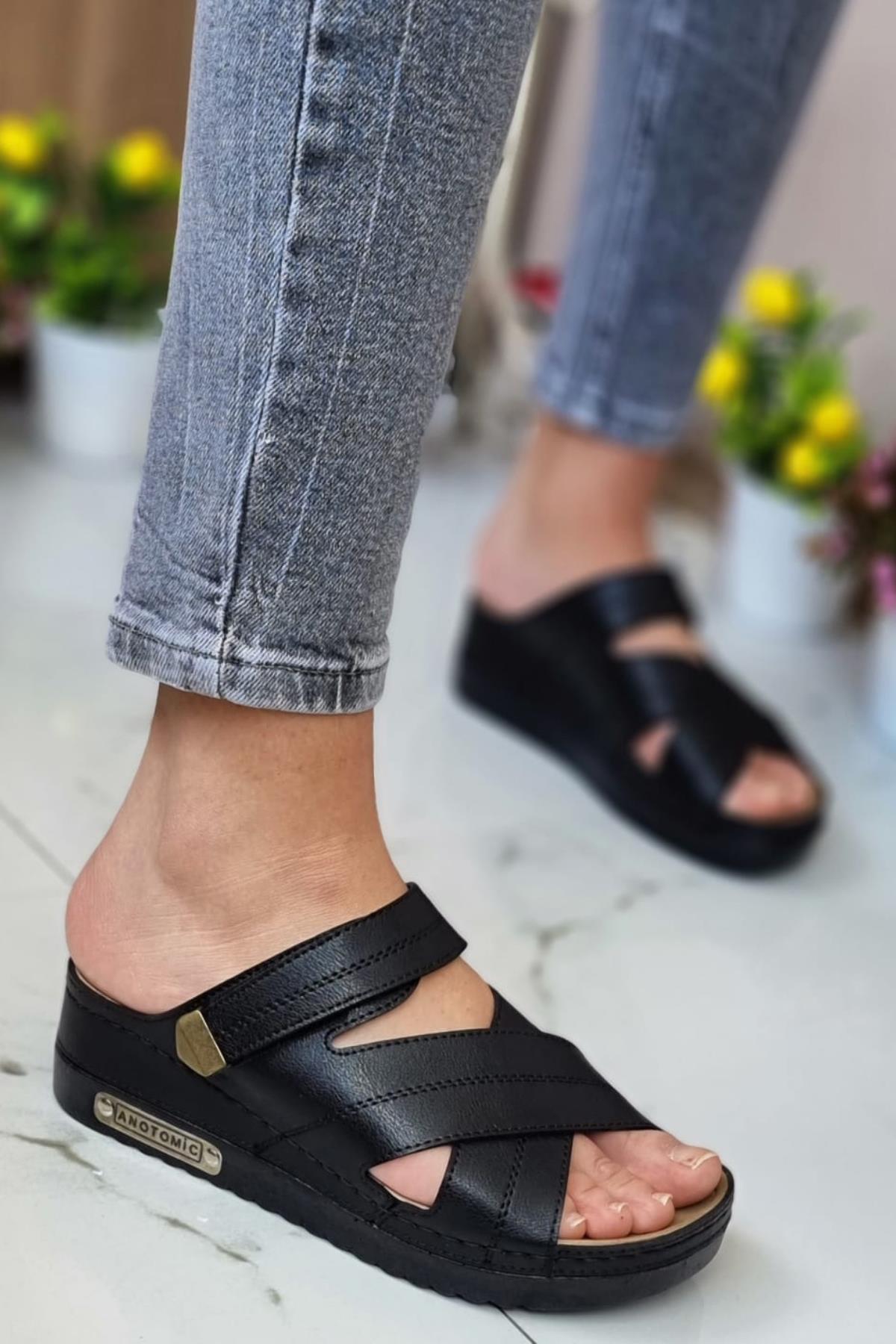 Budi Kadın Şık Konforlu Günlük Terlik Anatomik Ortopedik Taban Suni Deri Anne Dışarı Ev Terliği