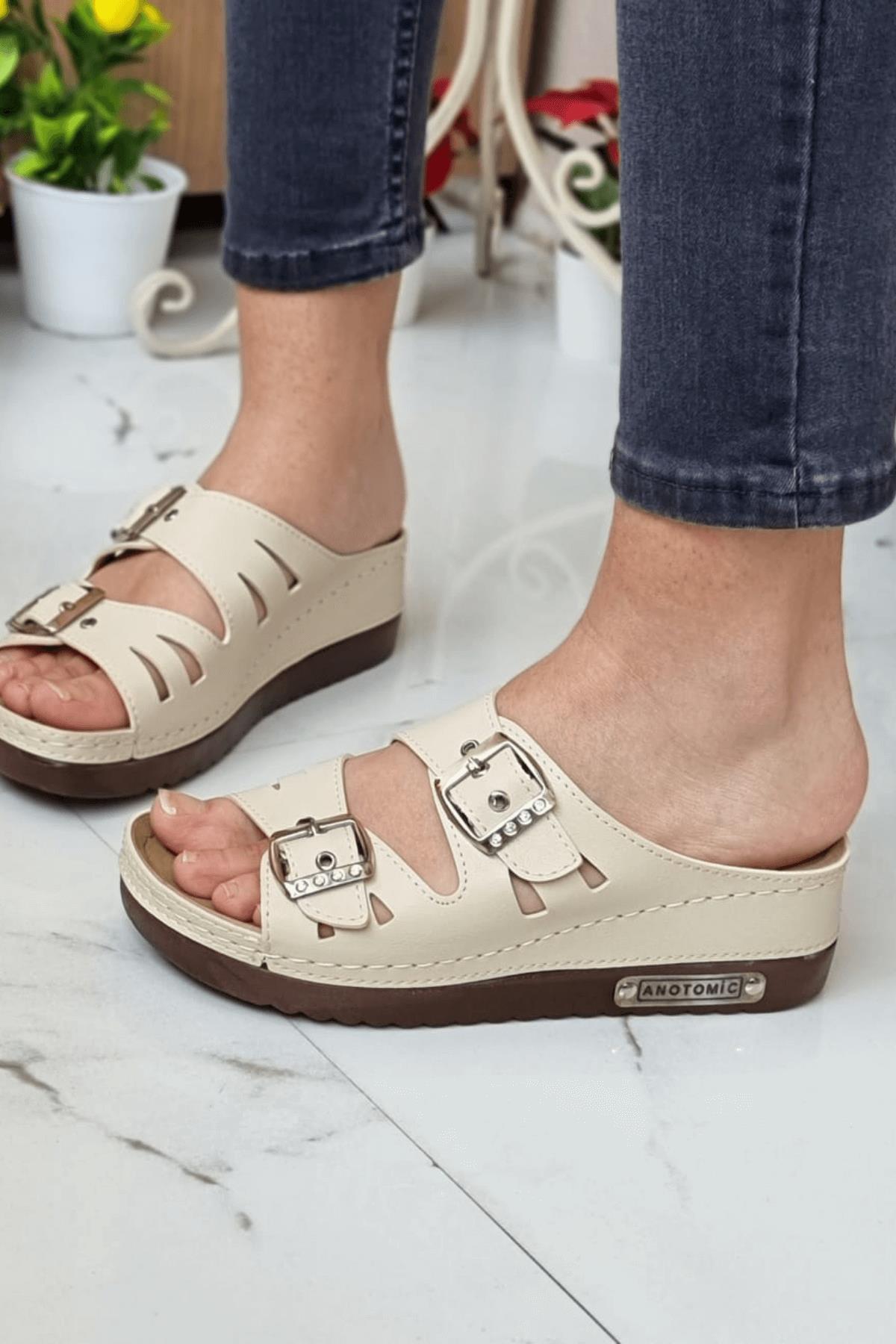 Darma Kadın Günlük Terlik Çift Bant Taşlı Tokalı Ortopedik Taban Anne Dışarı &amp; Ev İçi Terliği