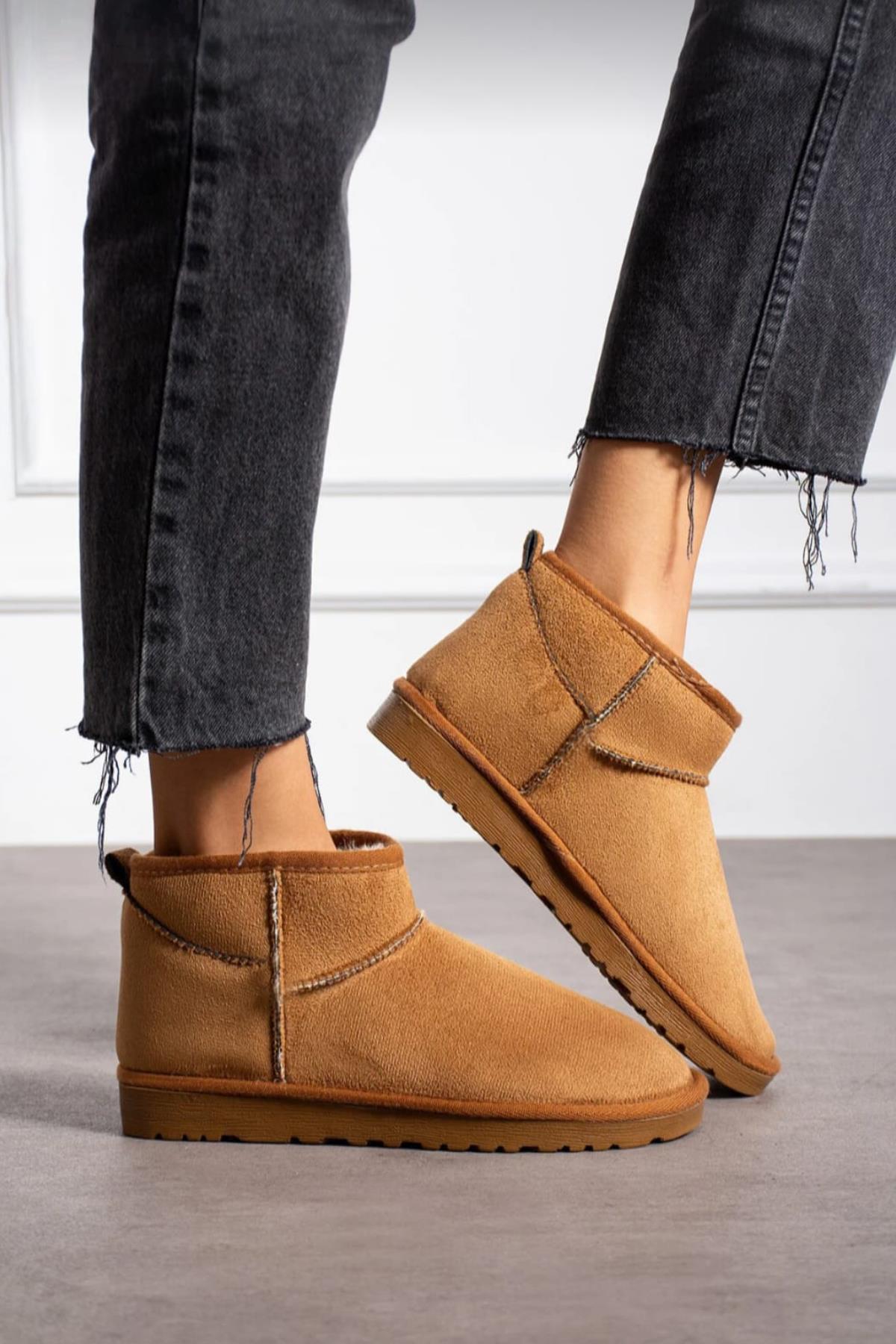 Kadın Süet Içi Kürklü Yünlü Kalın Tabanlı Kışlık Bilekte Kısa Ug Bot & Bootie