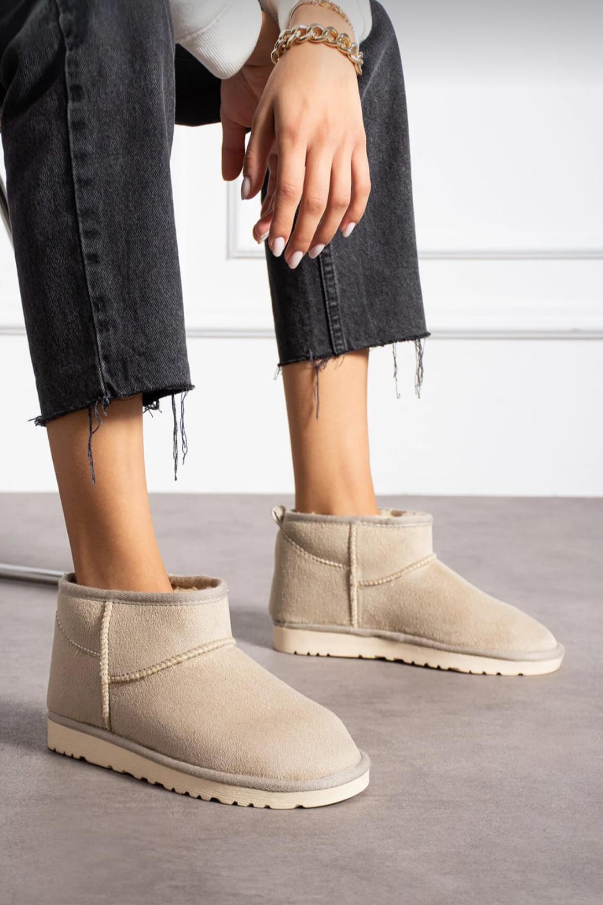 Kadın Süet Içi Kürklü Yünlü Kalın Tabanlı Kışlık Bilekte Kısa Ug Bot & Bootie