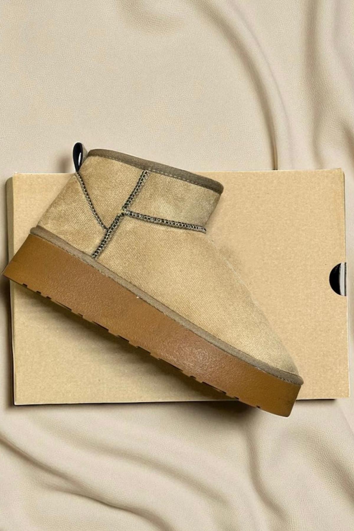 Kadın Süet Içi Kürklü Yünlü Kalın Tabanlı Kışlık Bilekte Kısa Ug Bot & Bootie