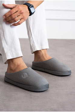 Moda Özer Nakışlı Kadife Fitilli Desen Rahat Yumuşak Tabanlı İçi Kürklü Erkek Ev Terlik