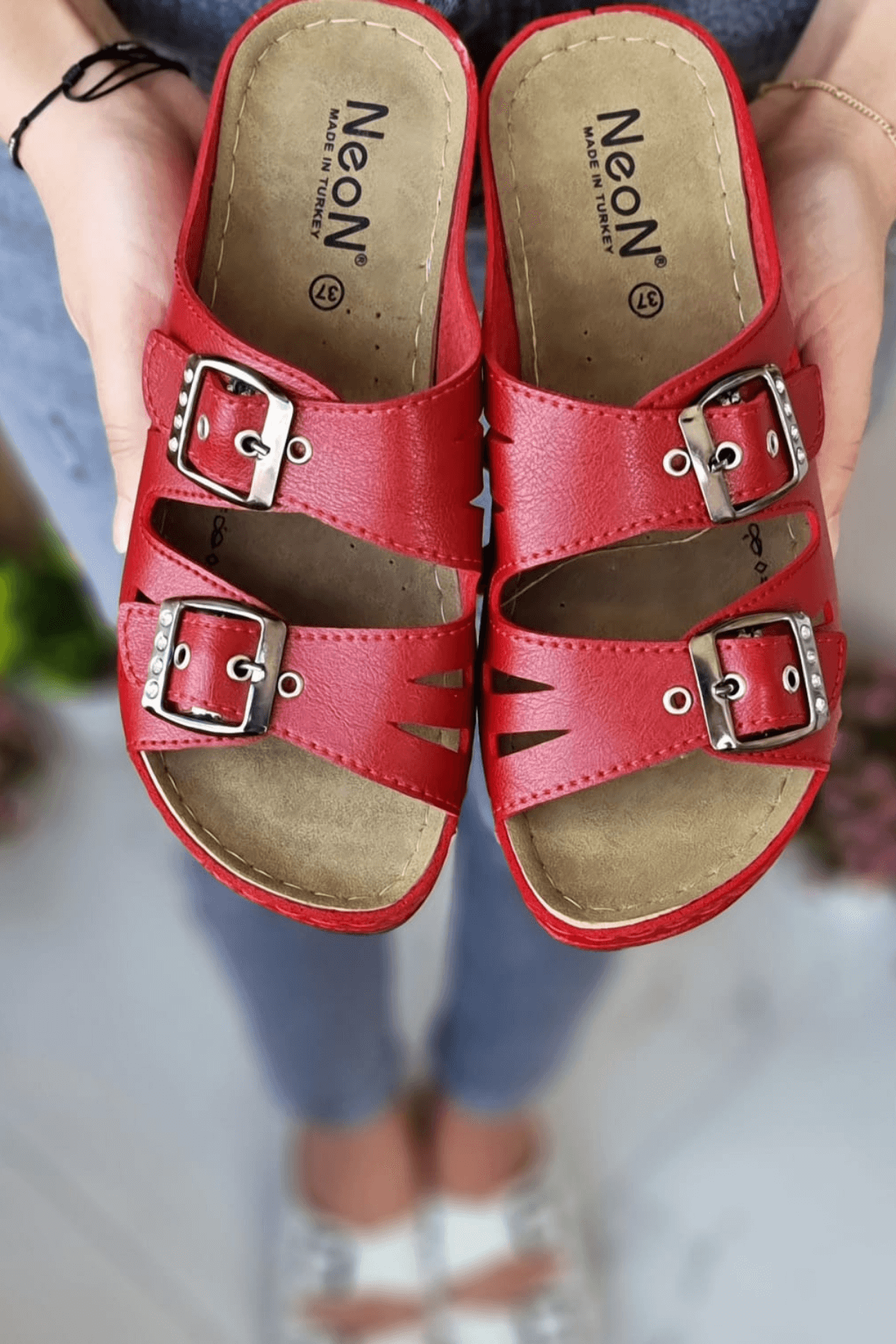 Darma Kadın Günlük Terlik Çift Bant Taşlı Tokalı Ortopedik Taban Anne Dışarı &amp; Ev İçi Terliği