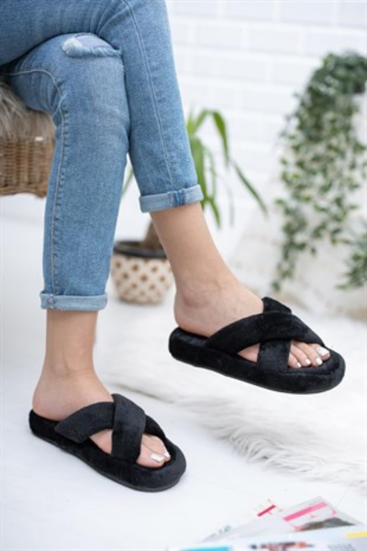 Neon Ayakkabı Unisex Çapraz Peluş Terlik İthal Velsoft Kumaş Sessiz Eva Taban Misafir Ev Terliği