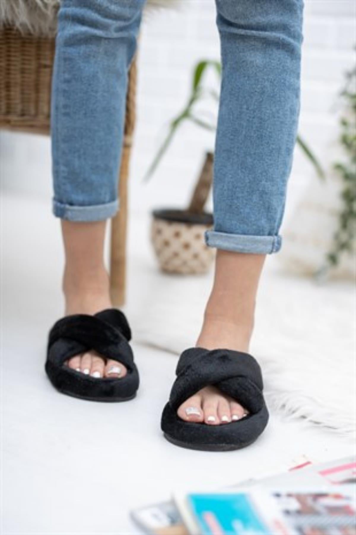 Neon Ayakkabı Unisex Çapraz Peluş Terlik İthal Velsoft Kumaş Sessiz Eva Taban Misafir Ev Terliği